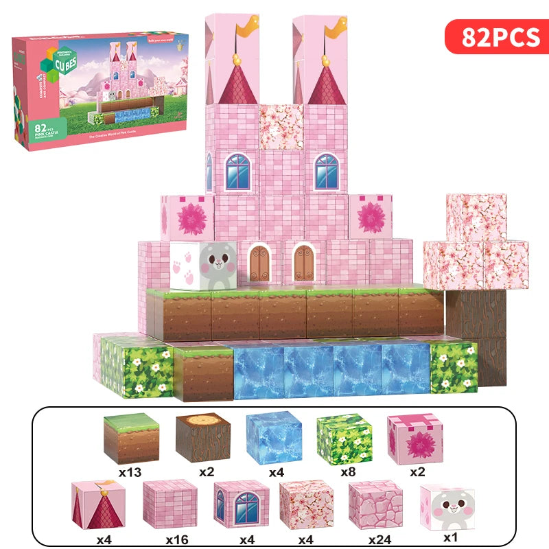 Pink castle magnetic building block set