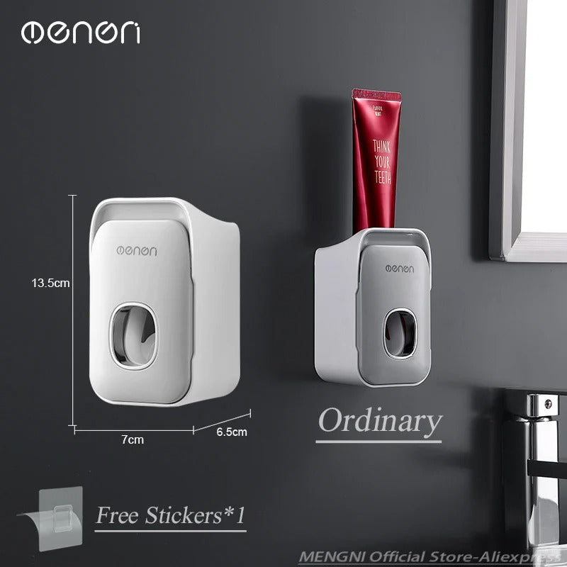 MENGNI Automatic Toothpaste Dispenser Wall-Mounted Bathroom Toothpaste Squeezer Punch-Free Toothbrush Holder Rack Bathroom Acces