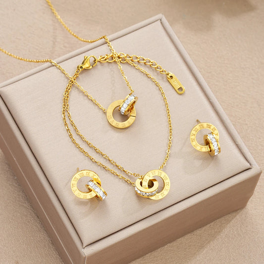 4Pcs/Set Gold Color Stainless Steel Crystal Necklace Bracelet Earrings for Women