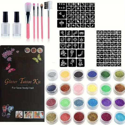 Glitter Temporary Tattoo Set 24 Colors with 2 Bottles of Glue,3 Sheets of Stencil Paper for Stage Performances,Christmas Parties
