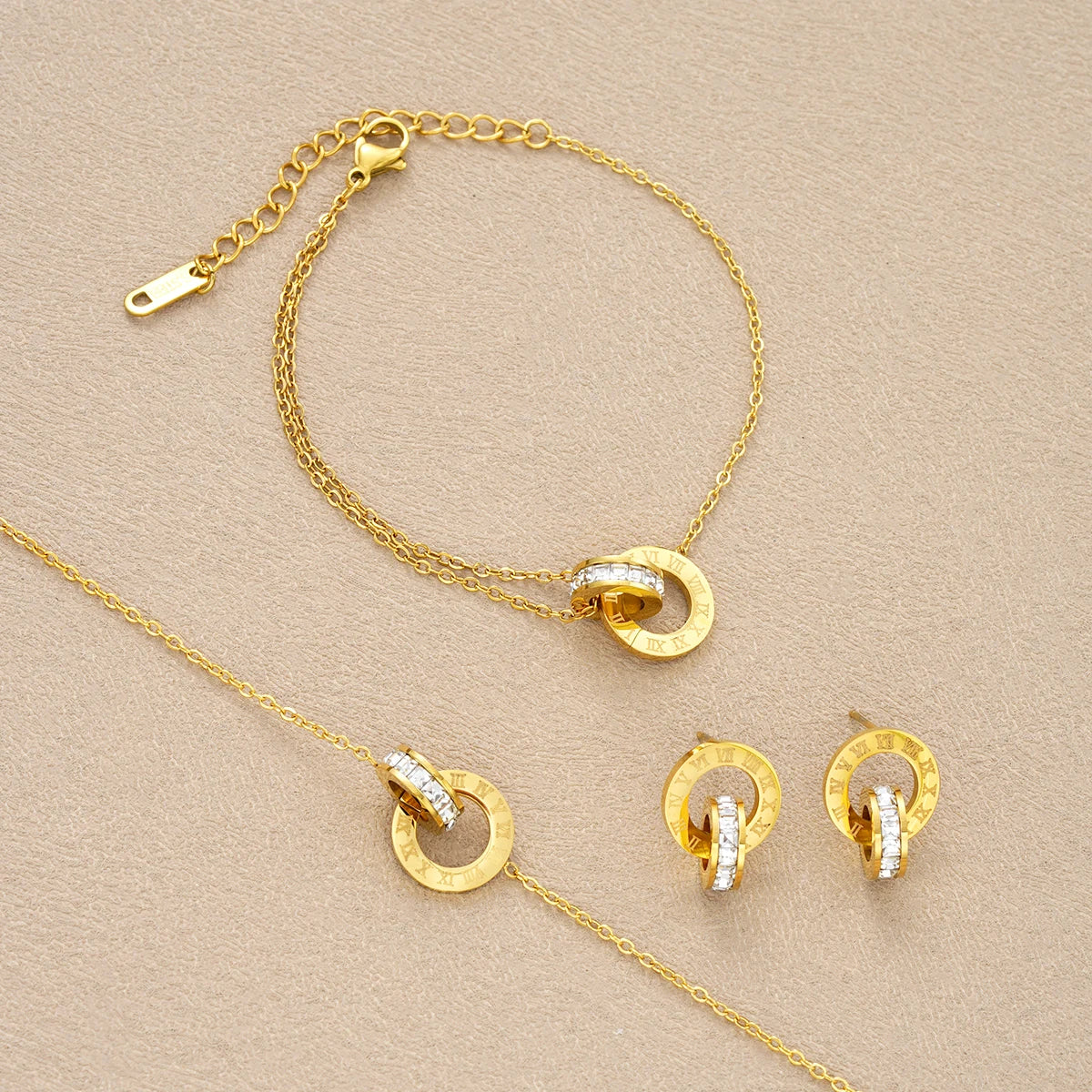 4Pcs/Set Gold Color Stainless Steel Crystal Necklace Bracelet Earrings for Women