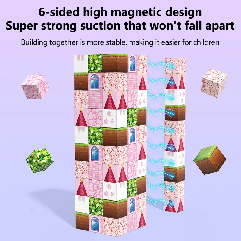 Pink castle magnetic building block set