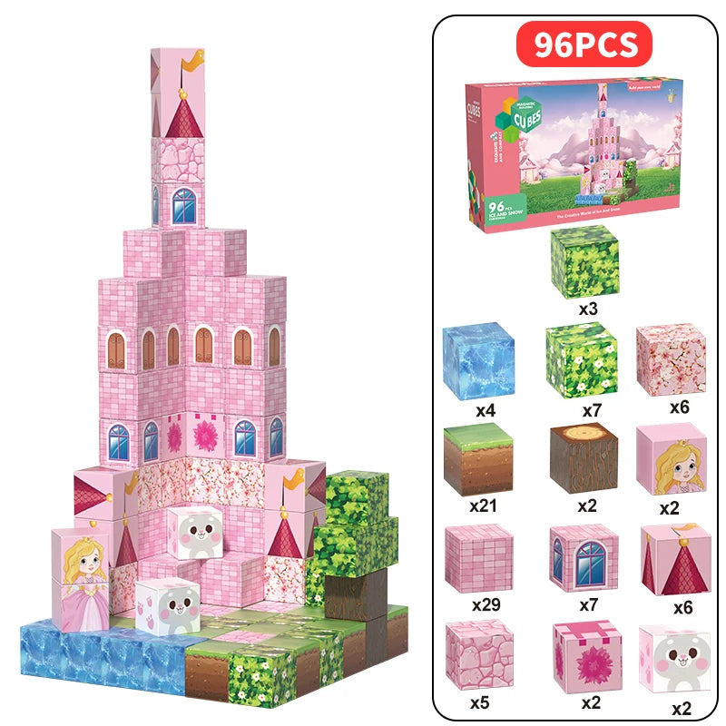 Pink castle magnetic building block set