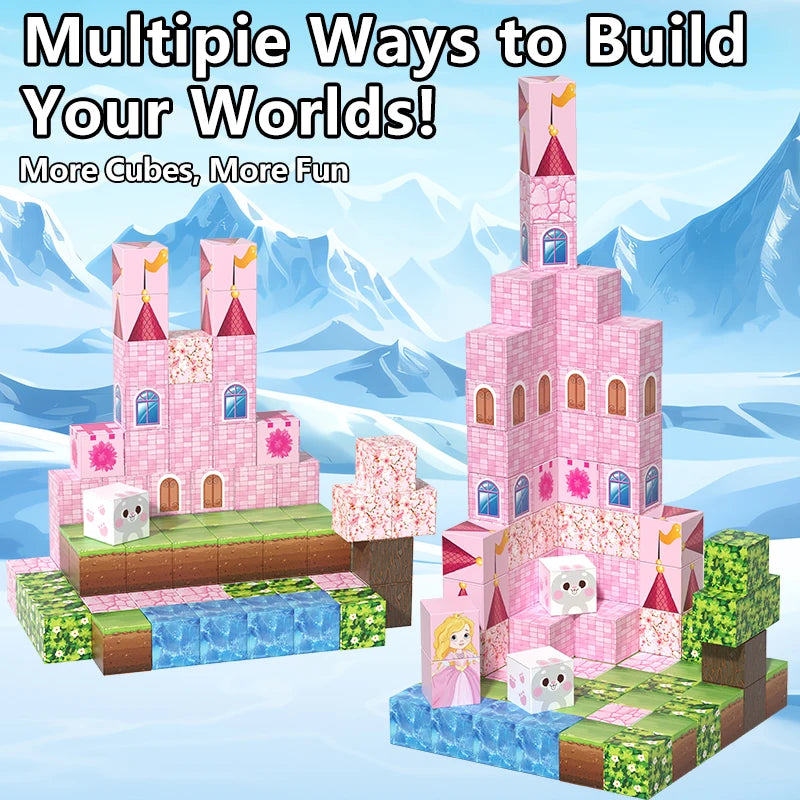 Pink castle magnetic building block set