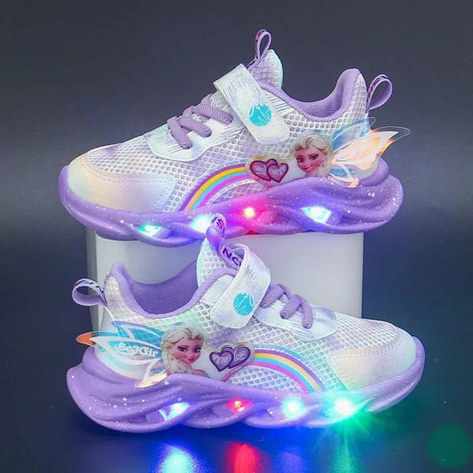 Disney Girls' Casual Shoes Led Lights Mesh Breathable Children's Sports Princess Elsa Pink