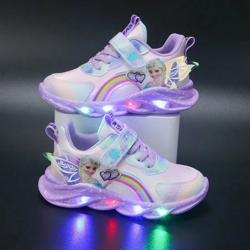 Disney Girls' Casual Shoes Led Lights Mesh Breathable Children's Sports Princess Elsa Pink